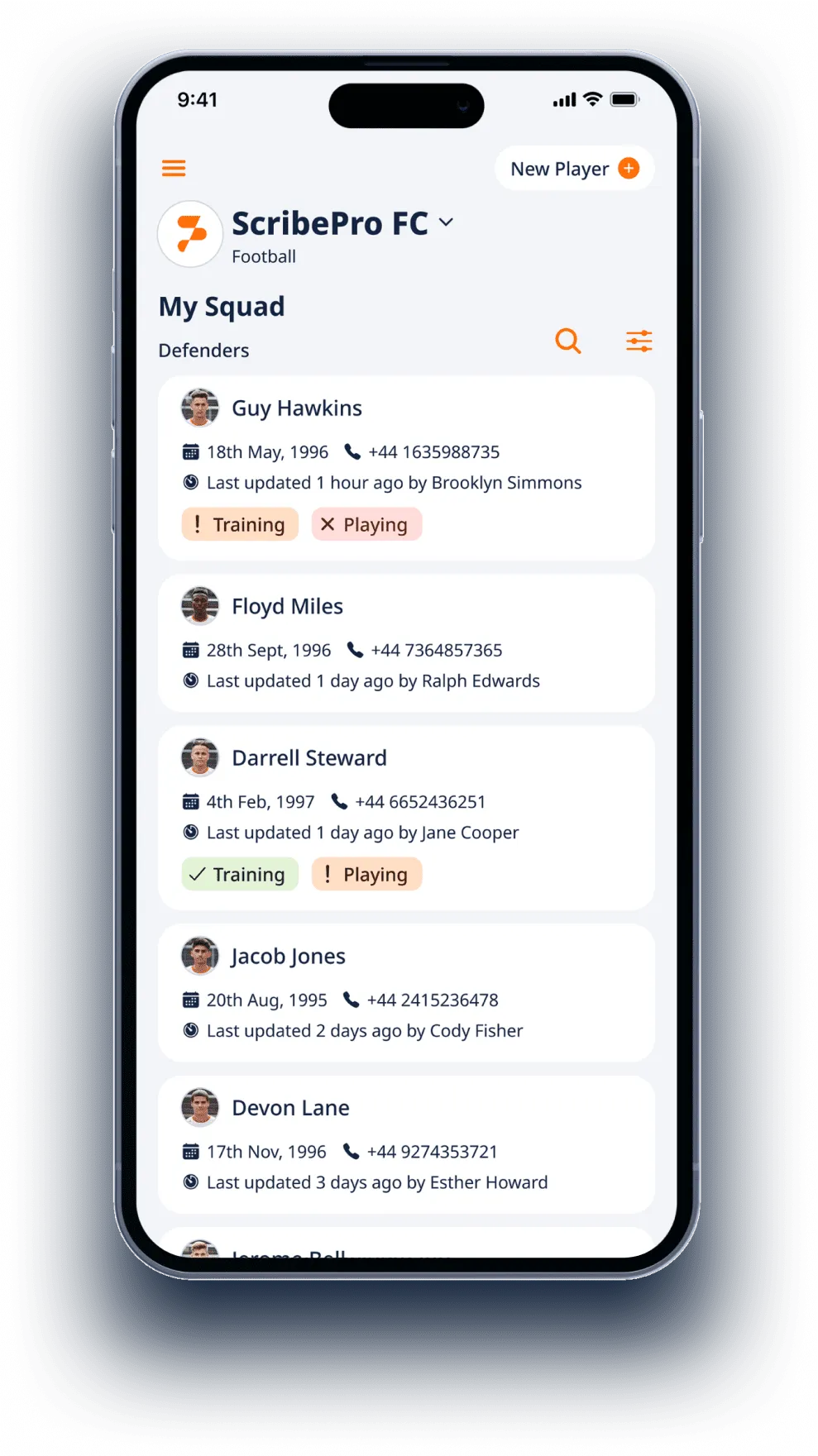 ScribePro Team App squad list